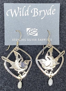 Wild Bryde Bird Pearl Accent Earrings Sterling Silver Wire Vintage NOS - Picture 1 of 4