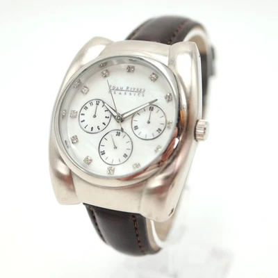 Joan Rivers relógio clássico feminino 39mm esfregão tom prata couro marrom nova bateria - Imagem 1 de 4