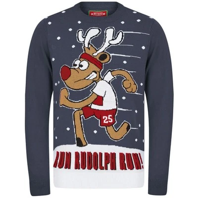 Christmas Run Rudolph Run Motiv Herren Weihnachtspullover Blau Stylisch Langarm - Bild 1 von 2