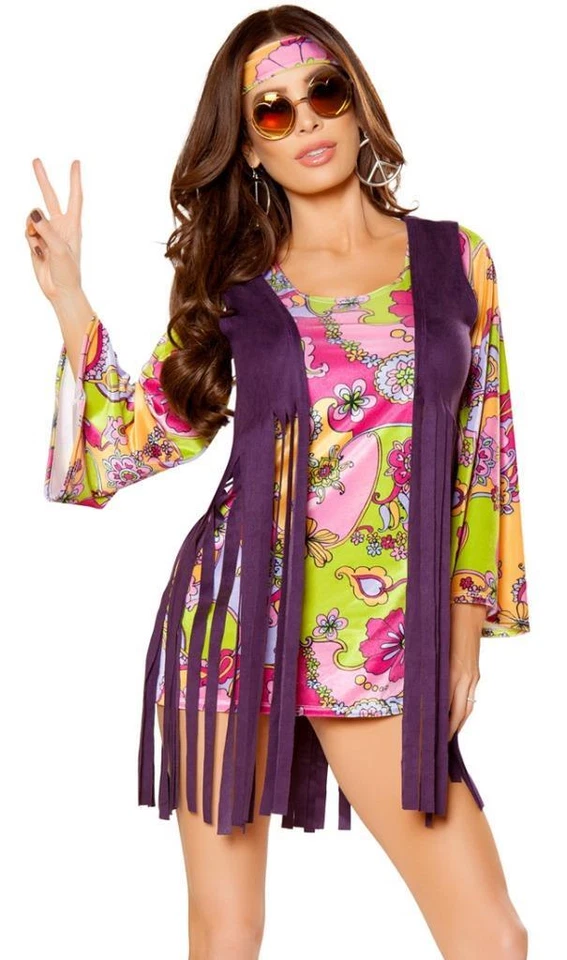 Disfraz Hippie Manga Campana Vestido Flecos Chaleco Diadema Floral Retro 10083 Pequeño Foto 1 de 4