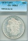 1878 7/8Tf Morgan Silver Dollar - Vam 34, Hot 50 Coin - Icg Ms63, Tough Vam!