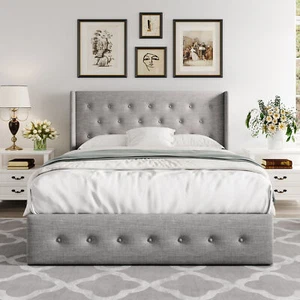 Sifurni Lift Up Storage Bed, Traditional Wingback Headboard, Light Grey - Picture 1 of 19