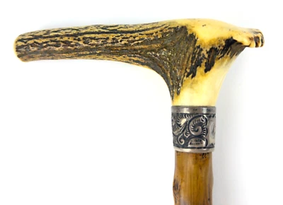 Bastón de cuerno de ciervo con mango de cuerno de ciervo grabado collar plateado antiguo de colección Foto 1 de 4