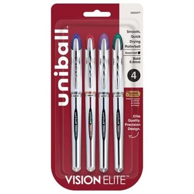 Uniball Vision Elite Roller Ball Ink Pen 0.8mm Asst Colors 4/Pk Office School - Image 1 of 4