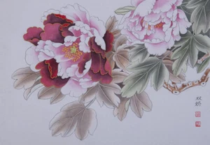 Obra de arte flor de peonía pintada a mano pincel chino tinta acuarela pintura arte de pared - Imagen 1 de 6