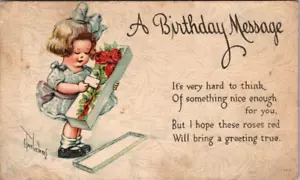 Postcard A Birthday Message Little Girl With Roses - Picture 1 of 2