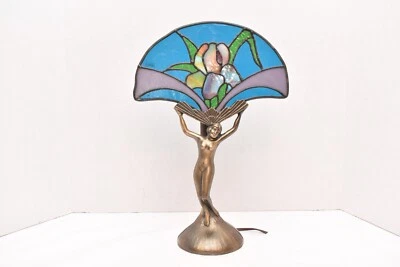 Winged Victory Art Deco CHANDLER II Nude + stained glass fan Boudoir Table Lamp- - Image 1 of 4