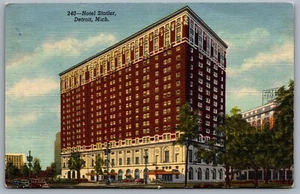 Postcard Detroit MI c1943 Hotel Statler on Grand Circus Park Defunct Linen - Picture 1 of 2