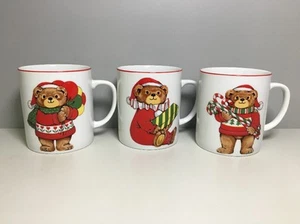 Teddy Bear Christmas Mug Lot of 3 Holiday Coffee Cup Porcelain Pottery Japan  - Picture 1 of 9