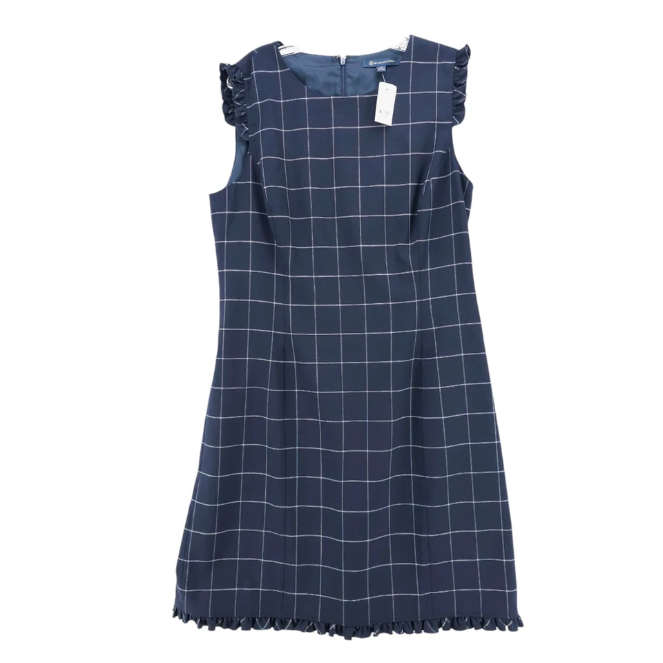NUEVO CON ETIQUETAS BROOKS BROTHERS Vestido Mezcla de Lana Azul Marino Cuadros Borde con Volantes Talla 14 Foto 1 de 4