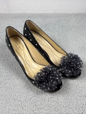 Kate Spade Heels Pumps Molly Polka Dot Raffia Silk Peep Toe Shoes 7.5 Black - Image 1 of 4