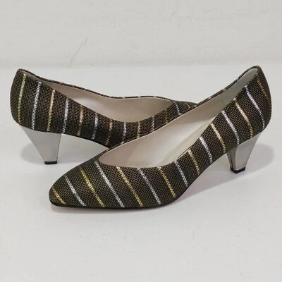 Sapatos listrados Bruno Magli coleção italiana sola de couro ouro e prata tamanho 8 EUA - Imagem 1 de 4