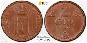 NORWAY 2 ØRE 1949 PCGS MS 64 BN - BEAUTIFUL BROWN UNC - Picture 1 of 3