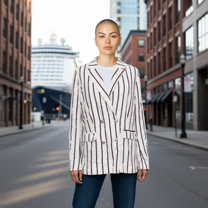 Forever 21 White Striped Blazer Womens XL Nautical Americana French Lion Button - Picture 1 of 3