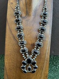 Navajo Sterling Silver Black Onyx Squash Blossom Naja Necklace Earrings Set LY - Picture 1 of 12