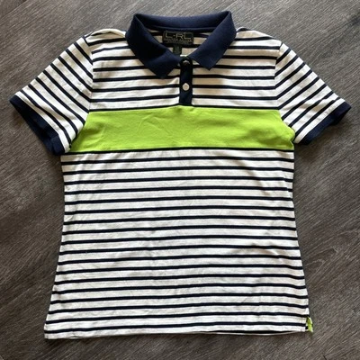 L-RL Ralph Lauren Womens Short Sleeve Active Polo Shirt Large Blue White Stripe - Image 1 of 4