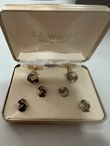 Juego de gemelos y tachuelas nudos chapados en oro 24KT J.J. Weston en caja - Imagen 1 de 6