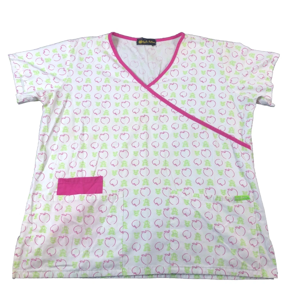 Apple Bottons Scrub Top Womens L White Apples Short Sleeve V-Neck Cotton - Image 1 of 4