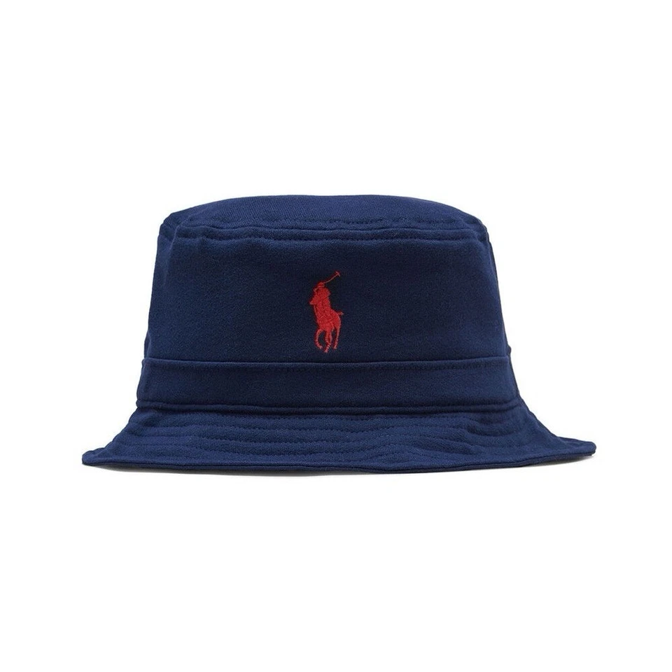 RALPH LAUREN POLO COTTON BLEND FLEECE BUCKET HAT NAVY WITH RED SIZE L/XL NWOT Foto 1 de 4