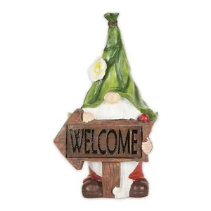 Multicolor Polyresin Adorable Gnome With Glowing Welcome Sign Solar Light Statue - Picture 1 of 6