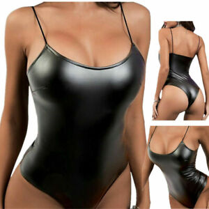 Women Wet-Look Bodysuit PVC Leather High Cut Thong Plunging Leotard Sexy Catsuit