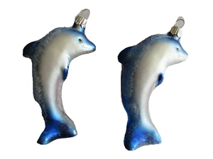 Lot of 2 Dolphin Porpoise Christmas Glas Ornaments ~3.8" Glitter Ocean Animal - Picture 1 of 10