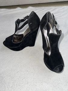 Black Micro Fibre Open Toe Wedge size 5 - Picture 1 of 5
