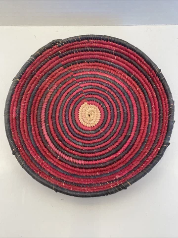 Vintage Coil Hand Woven Basket Bowl Weaved Wall Boho Tribal Pink Red Purple 6.5” Cover