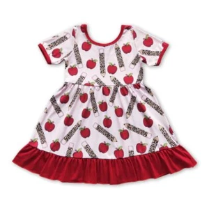 Girls Leopard Pencil Apple Print Short Sleeve Summer Dress Back to School Outfit - Picture 1 of 1