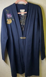 Through The Country Door Women's L  Blue Embroidery Floral Long Cardigan w/Clasp - Picture 1 of 8