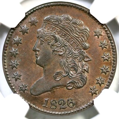 1826 C-1 R-1 NGC MS 64 BN Classic Head Half Cent Coin 1/2c - Image 1 of 3