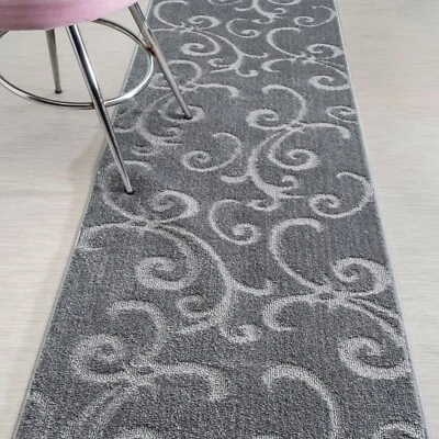 Custom Size Stair Hallway Entry  Carpet Runner Rug Non Slip Backing, Scroll Grey - Image 1 of 4