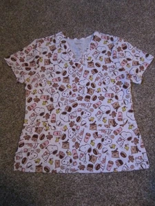 SNOOPY & WOODSTOCK PEANUTS SCRUB CLUB COFFEE & DONUTS SCRUBS TOP L - Picture 1 of 9