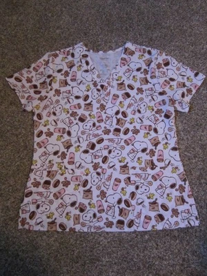 SNOOPY & WOODSTOCK PEANUTS SCRUB CLUB COFFEE & DONUTS SCRUBS TOP L - Image 1 of 4