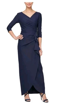 Vestido Alex Evenings Compresión Sobrepelliz Drapeado Manga 3/4 Talla 10 Azul Noche Foto 1 de 4