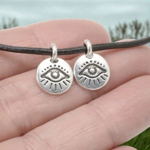 Silver Evil Eye Charms, 2-Pc TierraCast Mini Symbol Pendants for Leather Cord - Picture 1 of 5