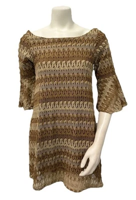 Judith March Small Brown Tan Crochet Knit Dress Bell Sleeve Open Back USA - Image 1 of 4