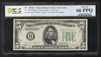 FR. 1959-B 1934-C $5 FRN NEW YORK, NY PCGS BANKNOTE GEM UNCIRCULATED-66PPQ (C) - Image 1 of 2