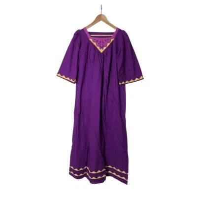Vestido maxi boêmio bordado amarelo roxo algodão Índia anos 70 vintage novo com etiquetas P - Imagem 1 de 4