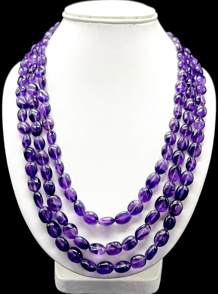 A+++ 自然紫水晶三层光滑椭圆形宝石珠项链 18 英寸 — 第 1/4 张图片