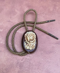 Wooden Rose Relief Bolo Tie, Brown And Gold Striped Cord - Picture 1 of 10