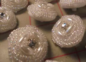 5 Vintage HandMade Bridal Buttons Rhinestone Center 4 Oval & Seed Beads White AB - Picture 1 of 12