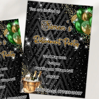 Retirement Emerald Green Gold party Invitations,Personalised Leaving work Invite - Image 1 of 4