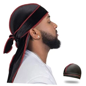 Velvet Durag for Men Wave Cap Velvet Dorag for Men Women Black With Red Seam - Picture 1 of 8