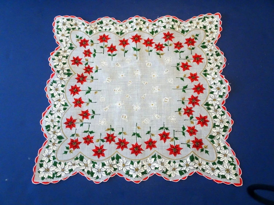 Christmas Hankie -White & Red Poinsettias -Center w/bells, candy canes-Scalloped - Image 1 of 1