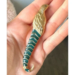 Vintage Art Deco Bird Brooch Pin Green Enamel & Gold Tone 4” Length - Picture 1 of 4
