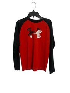 Boys Under Armour Sz Med Long Sleeve Shirt Loose Fit Heat Gear Red Black YM - Picture 1 of 3
