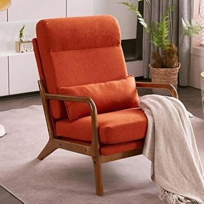 High back linen burnt orange mid century modern accent chair, soild wo - Image 1 of 4