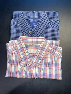 Lote ETON de 2 camisas sociais 41 grandes contemporâneas xadrez azul 42L slim multi xadrez - Imagem 1 de 4