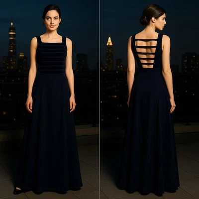 Vtg womens Navy Velvet Strappy Open Back Gown Sz 8 Whimsigoth Gothic Glam Formal - Image 1 of 4